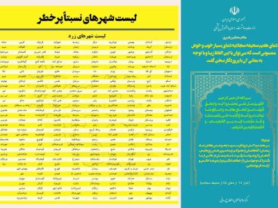 دماوند در وضعیت زرد کرونا قرار گرفت/ فیروزکوه نارنجی و پردیس زرد است