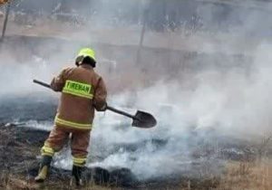 تلاش آتش‌نشانان برای مهار و کنترل حریق اراضی بایر در منطقه مشاء + تصاویر