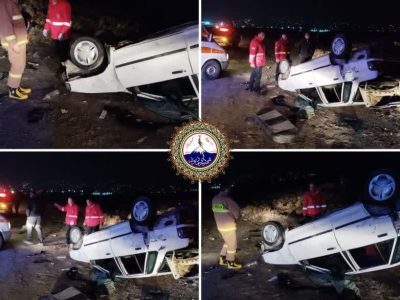 واژگونی پراید بر اثر لغزندگی در محور دماوند – فیروزکوه/ رهاسازی مصدمان توسط عوامل آتش‌نشانی انجام شد + تصاویر